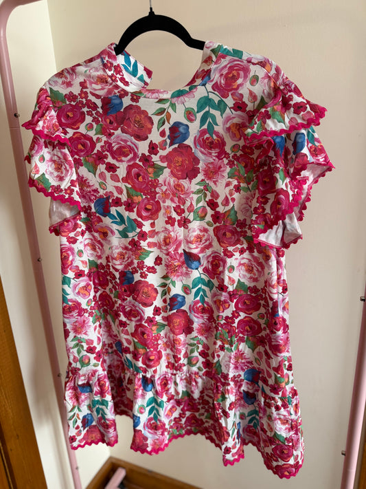 Berry Floral Ruffle Hem Shift Dress