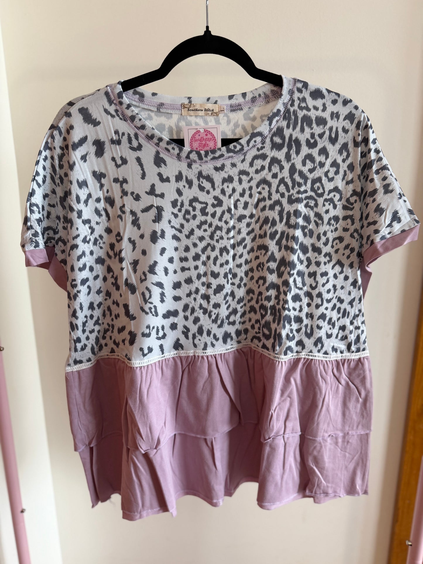Lilac Leopard Colorblock Ruffle Tunic