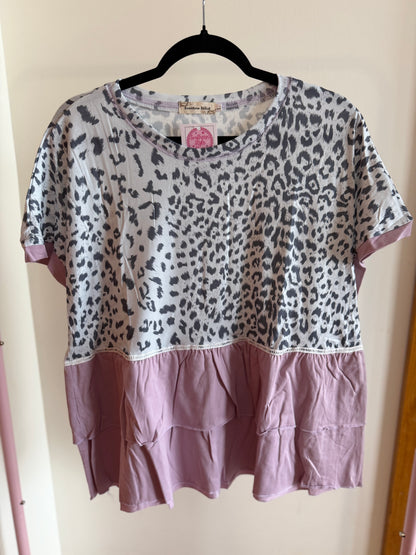 Lilac Leopard Colorblock Ruffle Tunic