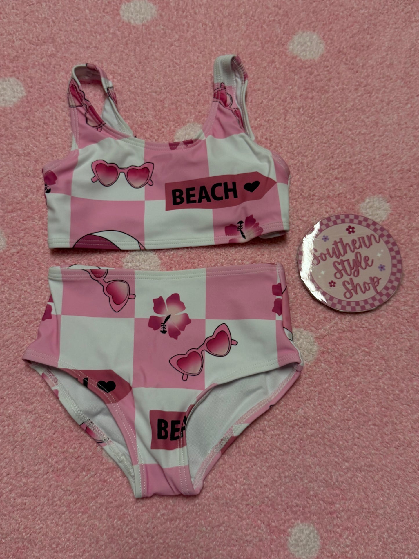 Pink checkered beach swimsuit – 18/24m