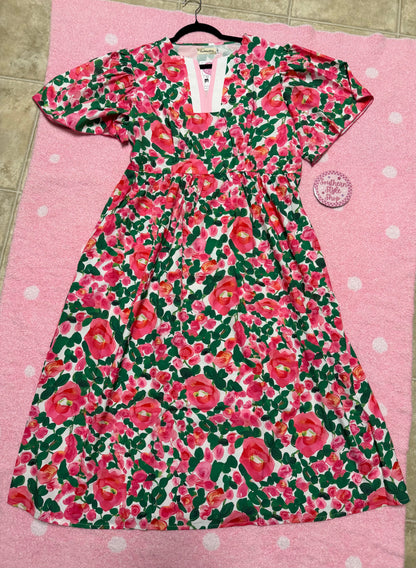 Pink Rose Floral Flutter Sleeve Midi Dress