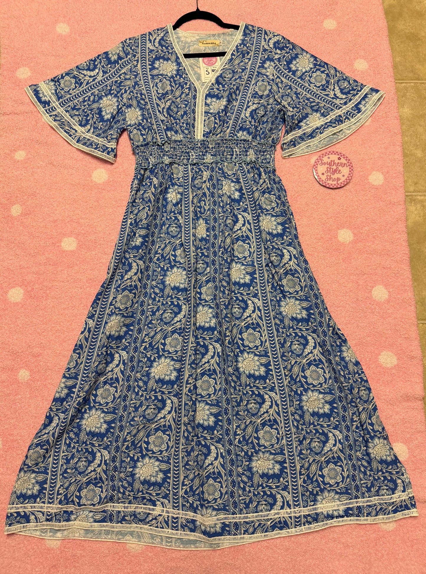 Blue & White Floral Smocked Waist Maxi Dress