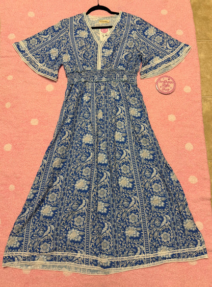 Blue & White Floral Smocked Waist Maxi Dress
