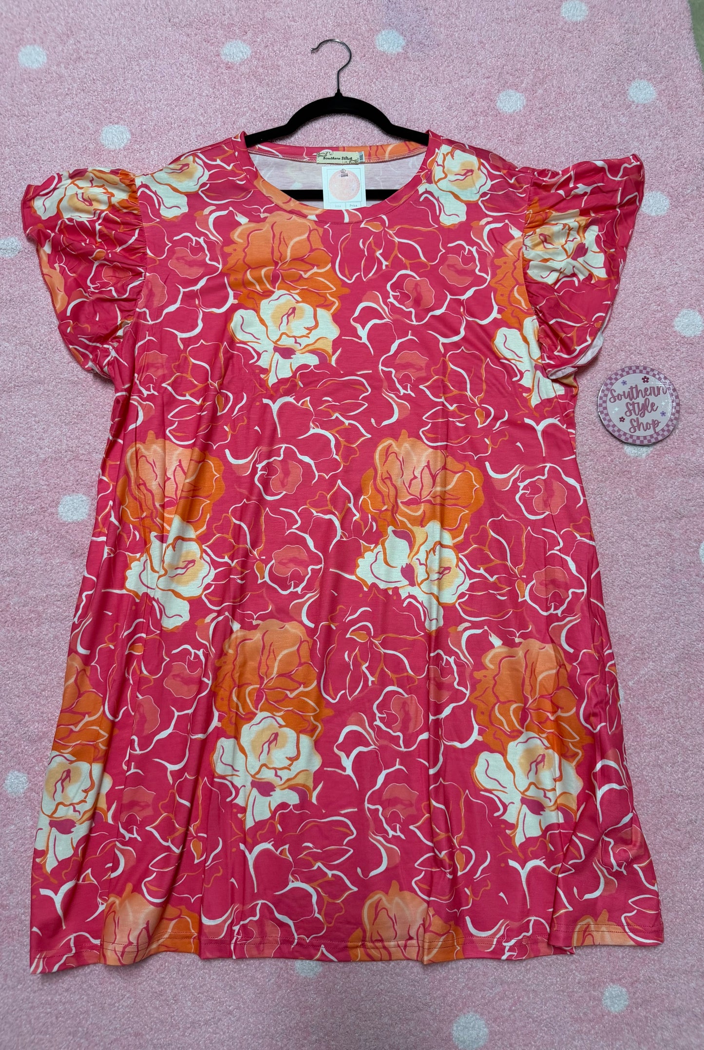 Pink & Orange Floral Ruffle Sleeve Tunic Dress
