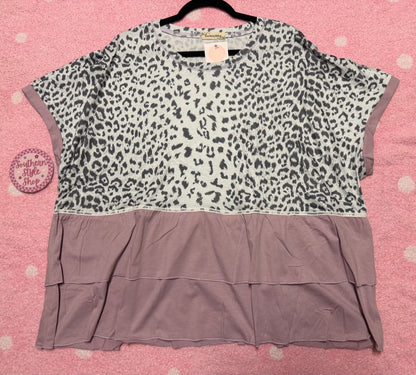 Lilac Leopard Colorblock Ruffle Tunic