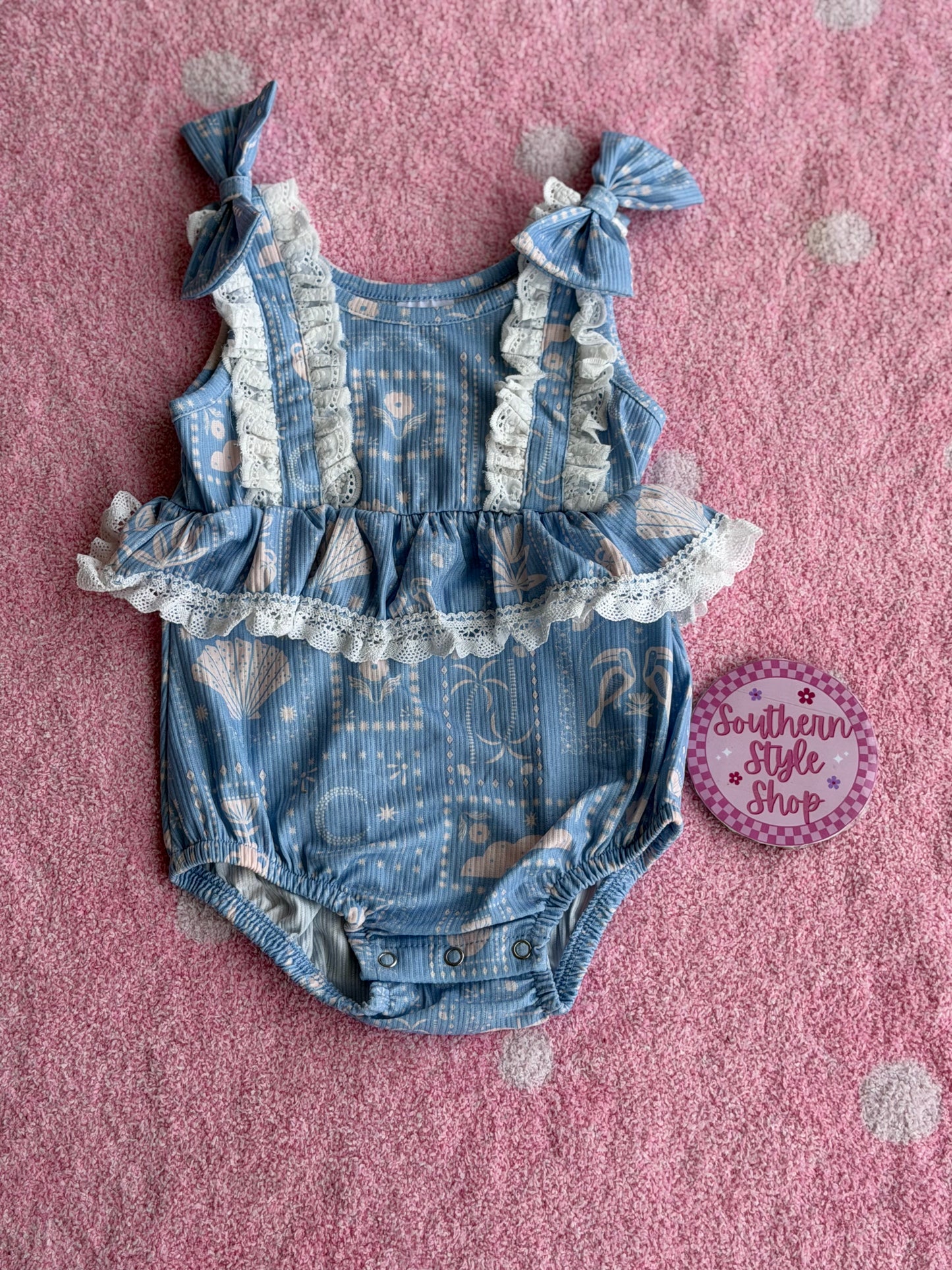 Coastal Blue Lace Ruffle Bubble Romper - 18/24m