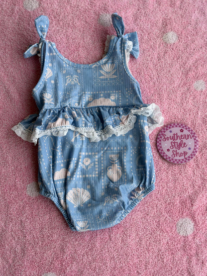 Coastal Blue Lace Ruffle Bubble Romper - 18/24m