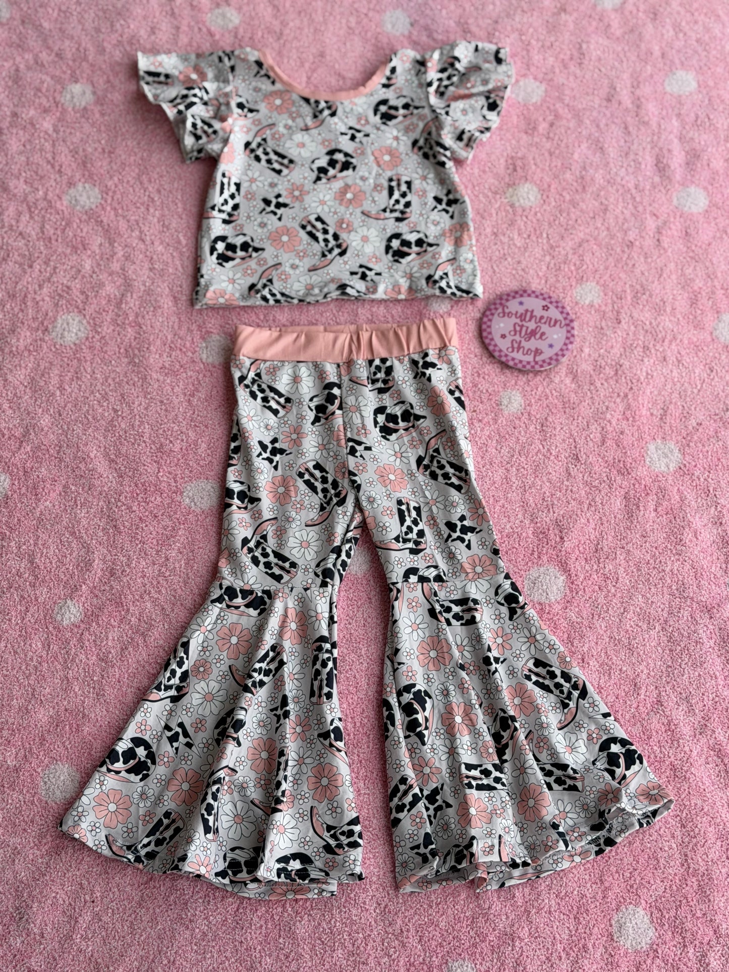 Cow Print Bell Bottom Set - 3T