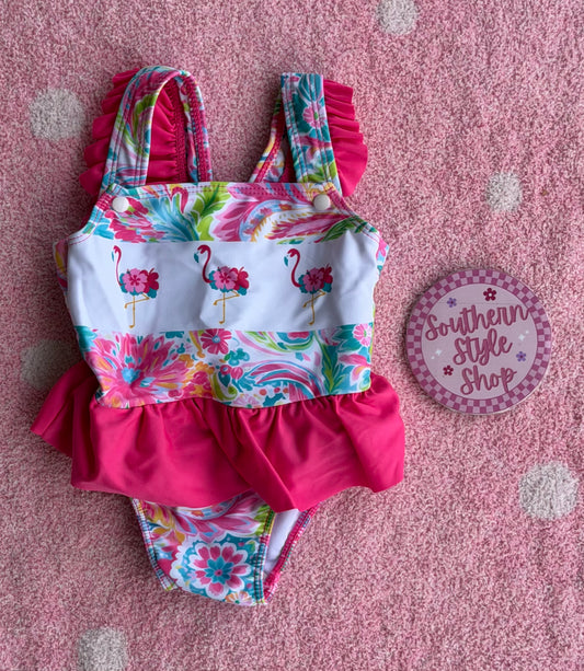 Flamingo Floral Ruffle One-Piece Swimsuit - 18/24m