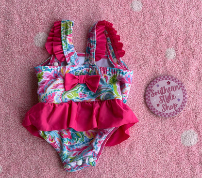 Flamingo Floral Ruffle One-Piece Swimsuit - 18/24m