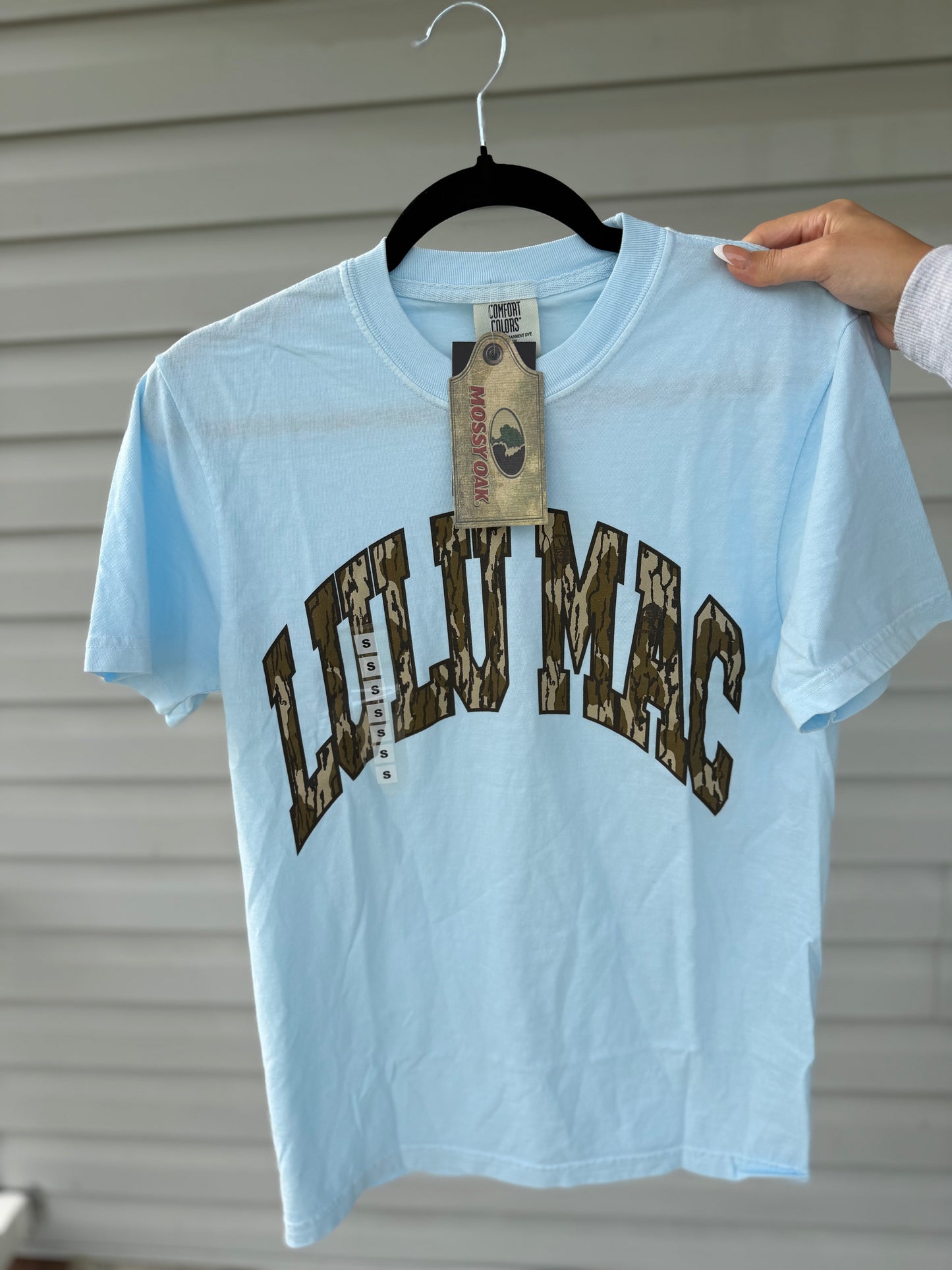 LULU MAC Bottomland Adult Chambray Comfort Colors Mossy Oak Tee