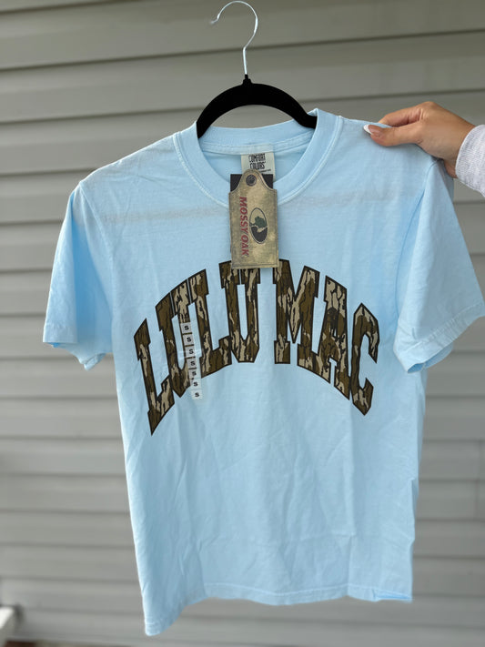 LULU MAC Bottomland Adult Chambray Comfort Colors Mossy Oak Tee