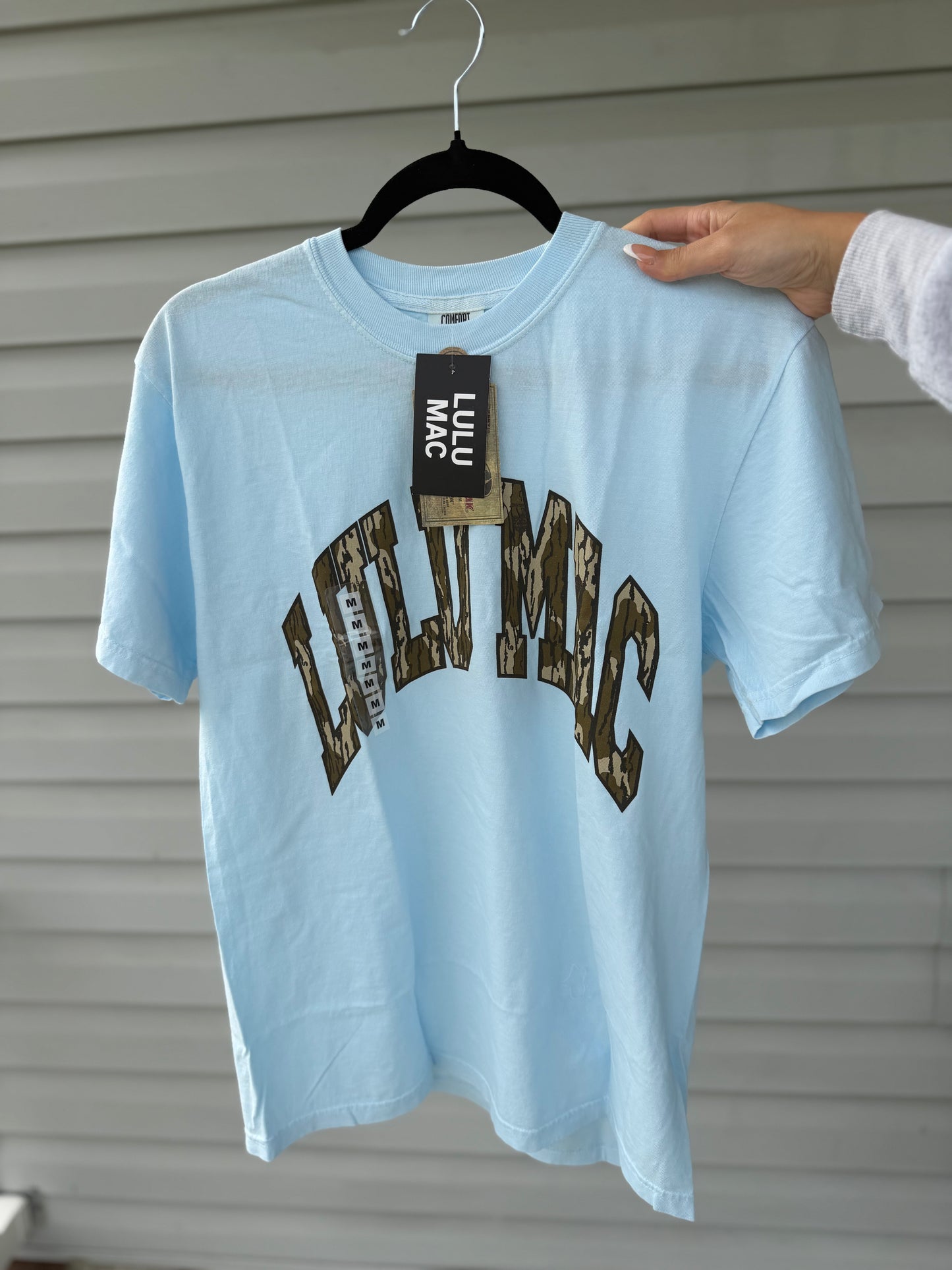 LULU MAC Bottomland Adult Chambray Comfort Colors Mossy Oak Tee