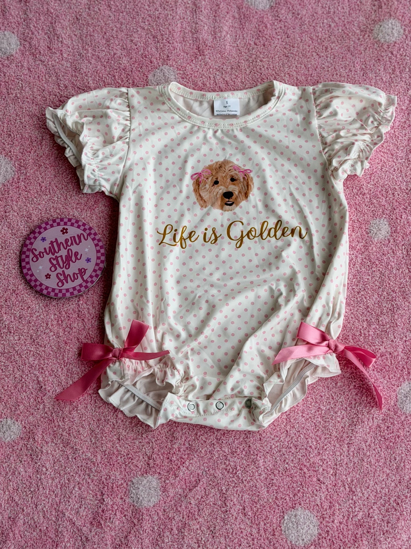 Life is Golden Puppy Ruffle Bubble Romper