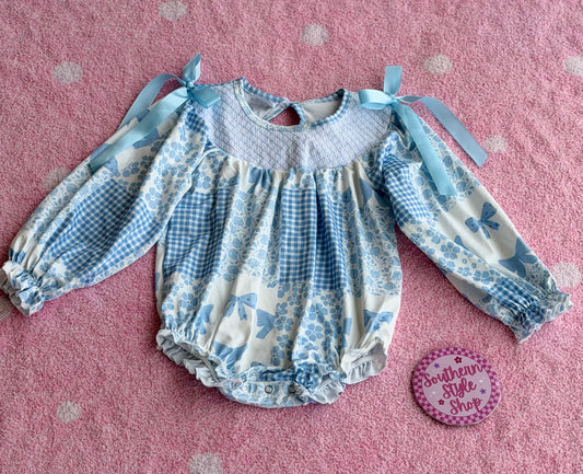 Blue Bow Smocked Bubble Romper