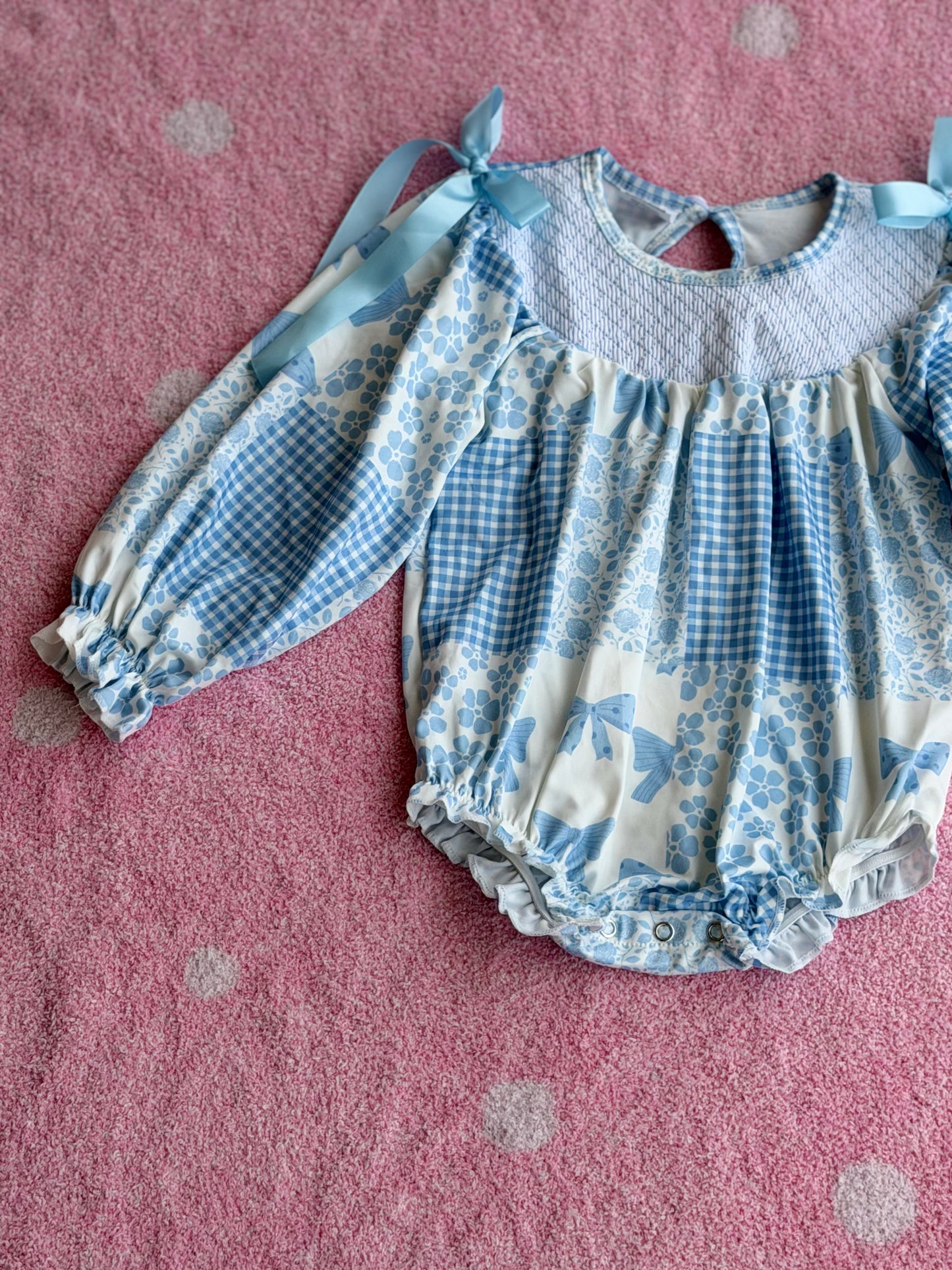 Blue Bow Smocked Bubble Romper