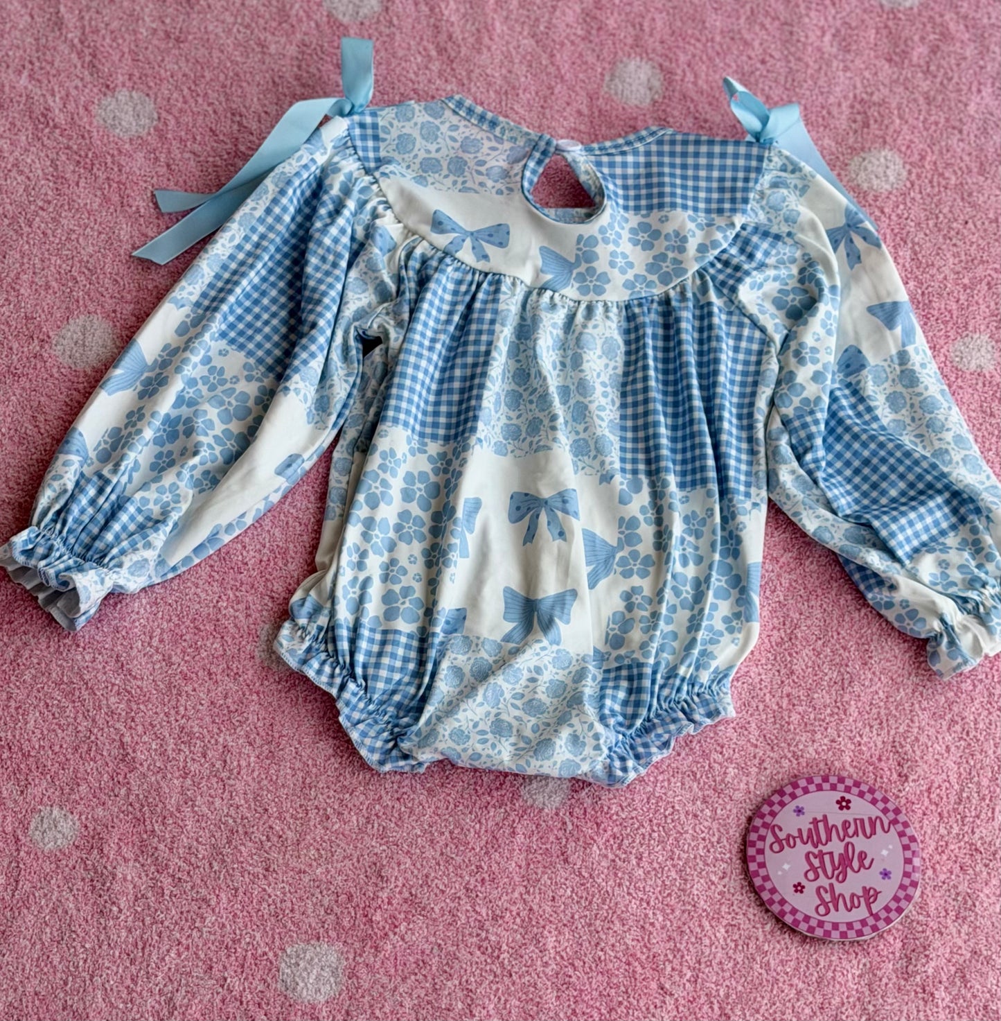 Blue Bow Smocked Bubble Romper