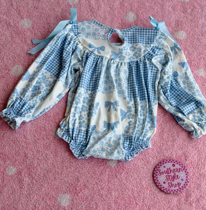 Blue Bow Smocked Bubble Romper