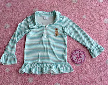 Puppy Stripe Quarter Zip Ruffle Top - 2T