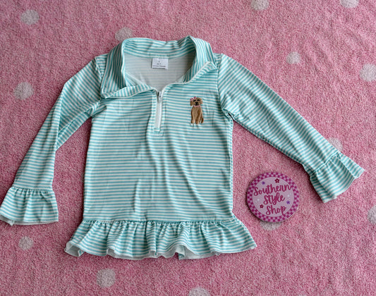 Puppy Stripe Quarter Zip Ruffle Top - 2T