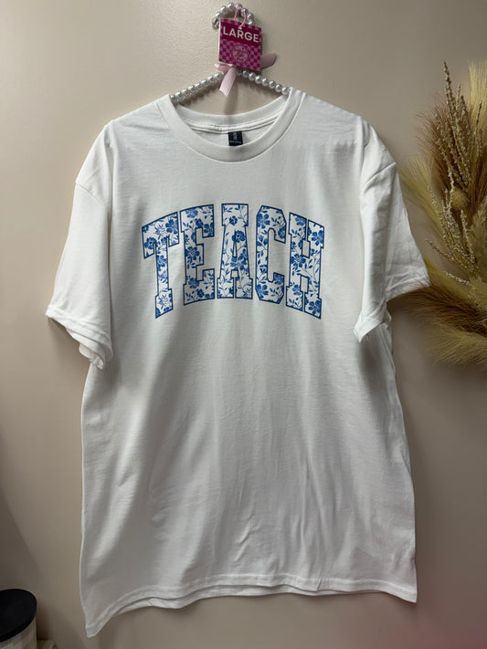 Adult large blue floral teach tshirt