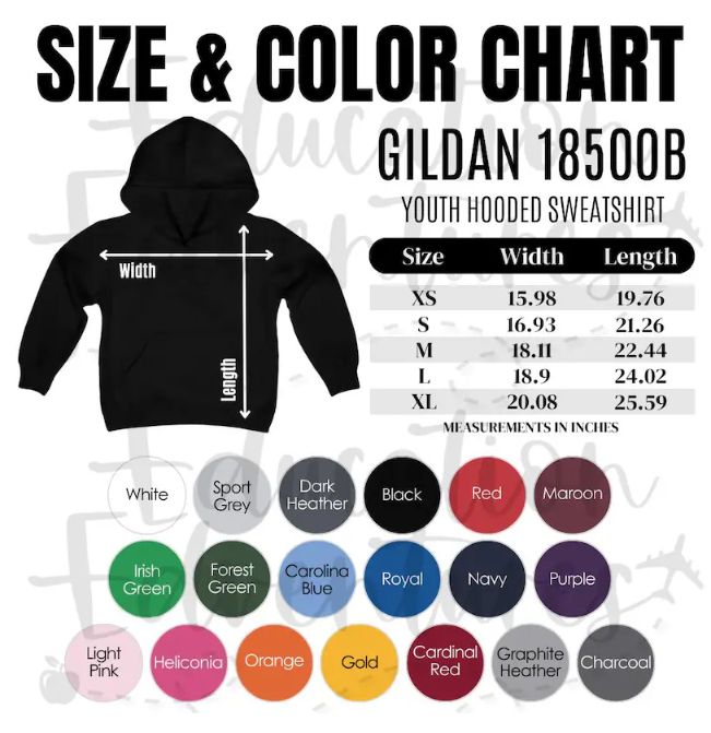 Gildan 18500b youth hoodie- color chart