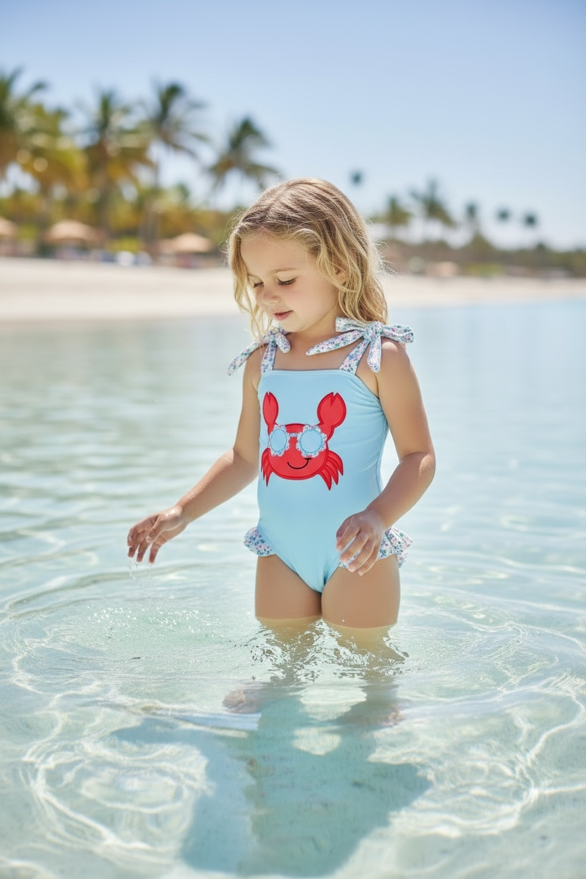 Crab applique on blue bodysuit. SWG60122 SOL