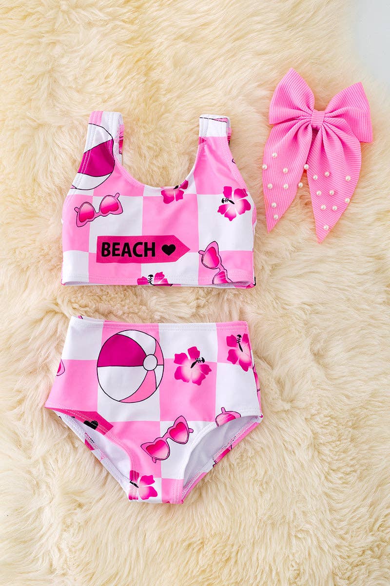 Pink & white checker printed girls swimsuit. SWG40095🏖️ SOL