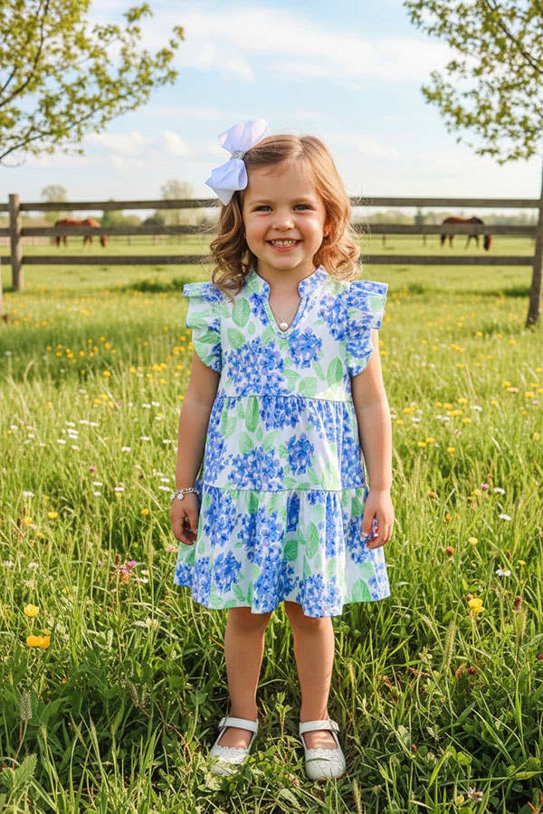 Green & blue floral flutter sleeves girls dress XCH03004