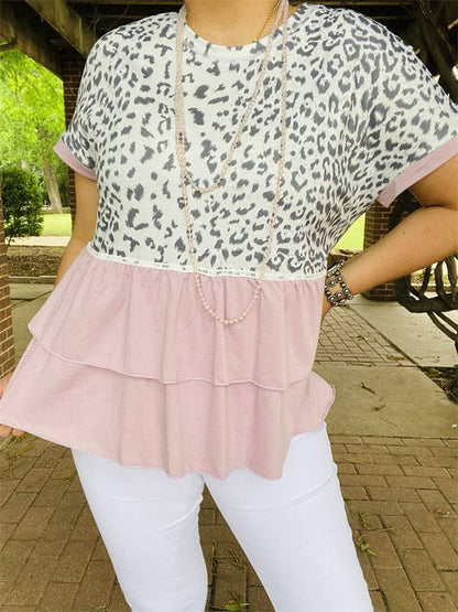 Leopard & light pink baby doll women tops BQ14807