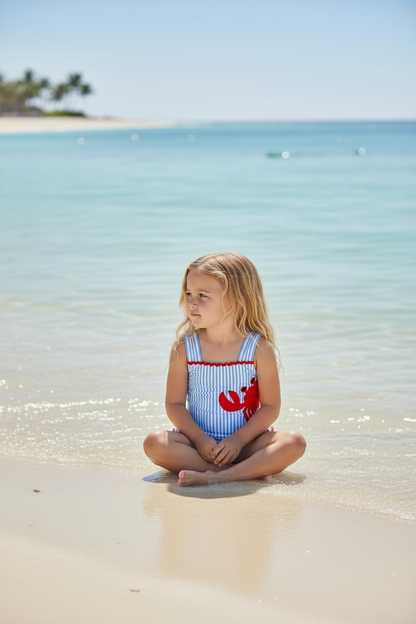 White & blue stripe & Crab printed swimsuit.  SWG60091 AMY