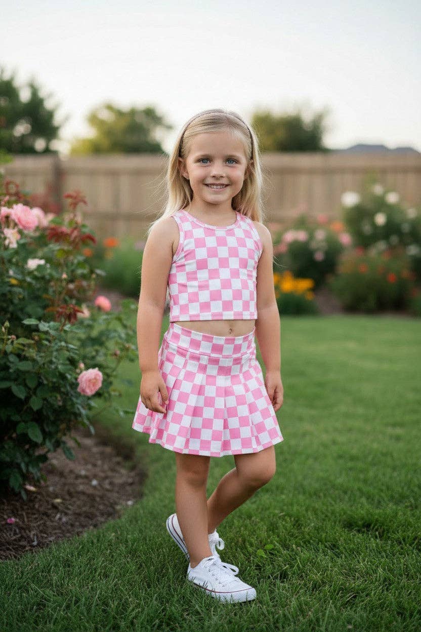 Lt. Pink & white checker printed crop top and skort. SR11271