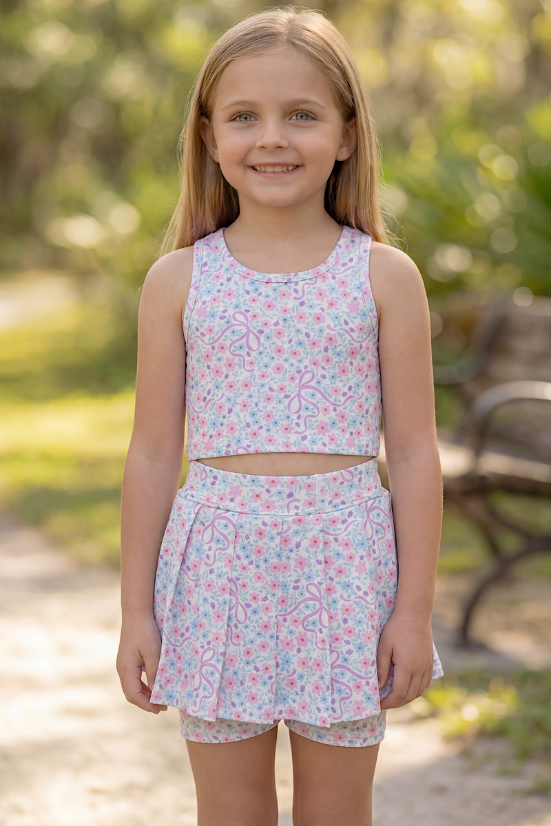 Patel floral & coquette bow printed crop top and pleaded skort. GSD013004-AMY