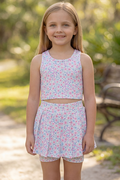 Patel floral & coquette bow printed crop top and pleaded skort. GSD013004-AMY