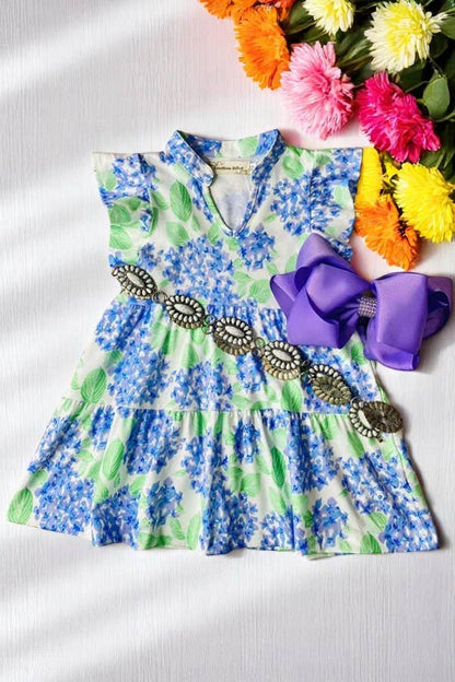 Green & blue floral flutter sleeves girls dress XCH03004