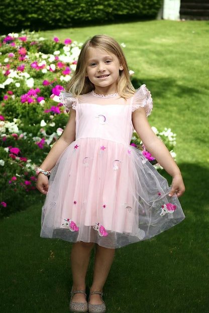 Unicorn & embroidered rainbow tulle dress. DRG251423028 JEANN