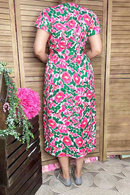 Pink & Green floral puff cap sleeves women maxi dress GJQ166