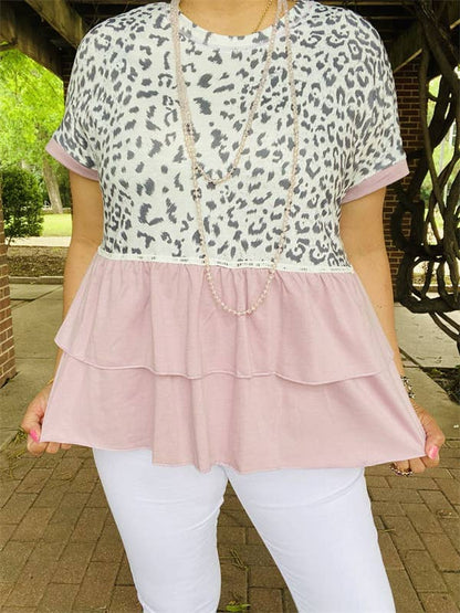Leopard & light pink baby doll women tops BQ14807