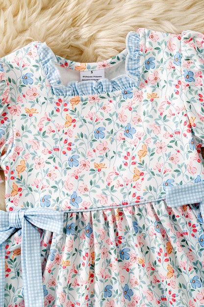 Blue & Coral Ditsy floral dress w/square neckline & side bows. DRG61560 JEAN