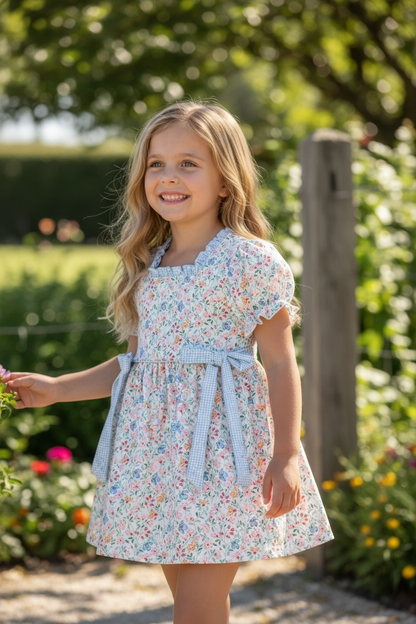 Blue & Coral Ditsy floral dress w/square neckline & side bows. DRG61560 JEAN