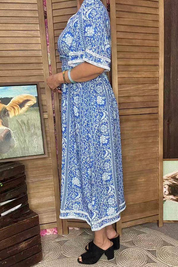 Blue floral print lace trim rayon maxi women dress GJQ16689