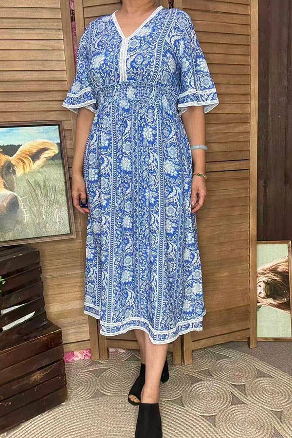 Blue floral print lace trim rayon maxi women dress GJQ16689