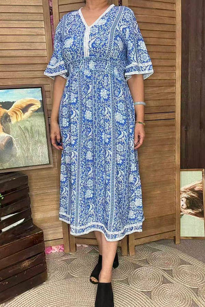 Blue floral print lace trim rayon maxi women dress GJQ16689