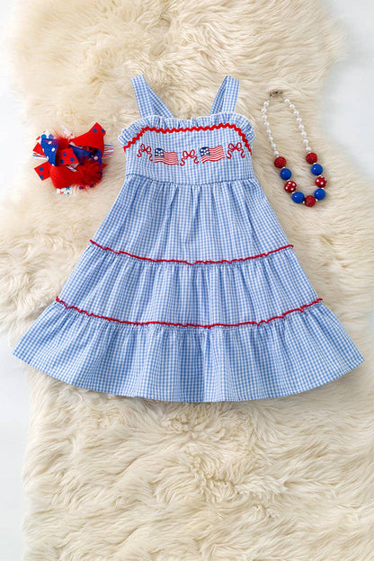 Blue gingham patriotic tiered dress. DRG60732 AMY