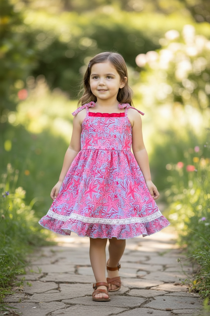 Fucshia sea Star printed cute flare dress. DRG60748 AMY