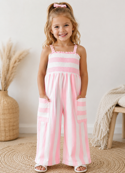 Pink Stripe Smocked Jumpsuit - 3T