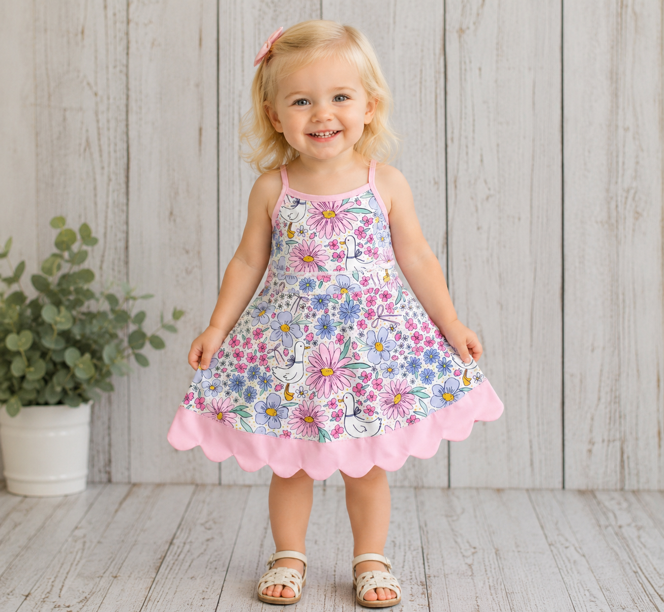 Pink Floral Goose Scallop Dress